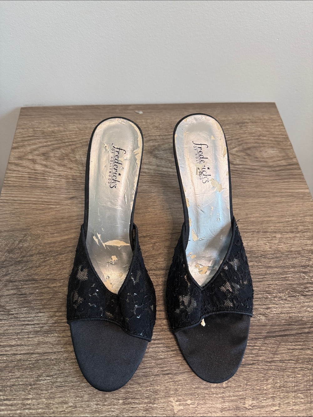 Frederick's of Hollywood Black Lace Open-Toe Mules